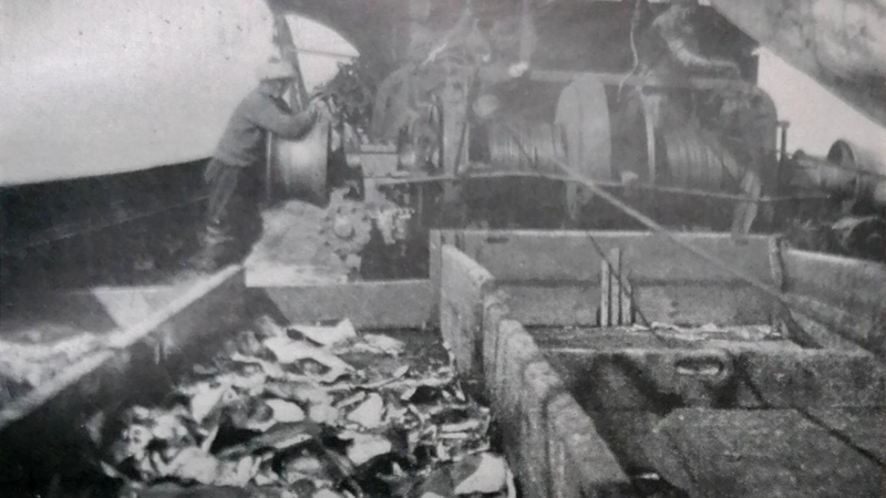 Archive photo of fisherman and a crate full of fish on a fisherboat.