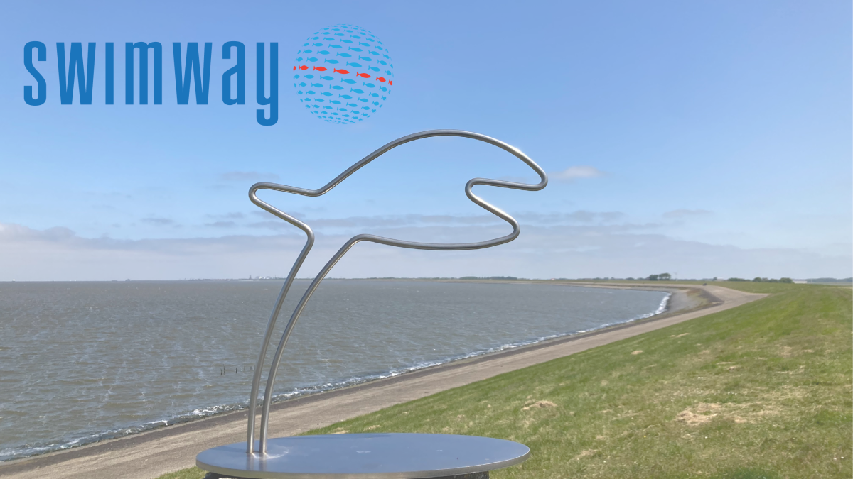 Sculpture of fish outline in front of dikeline.